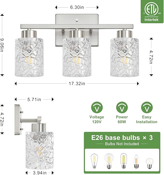 Brushed Nickel Bathroom Light Fixtures, 3-Light Modern Bathroom Vanity Wall Light, Vanity Lights for Mirror, Wall Sconces with Clear Textured Glass (E26 Socket, Bulbs Not Included)