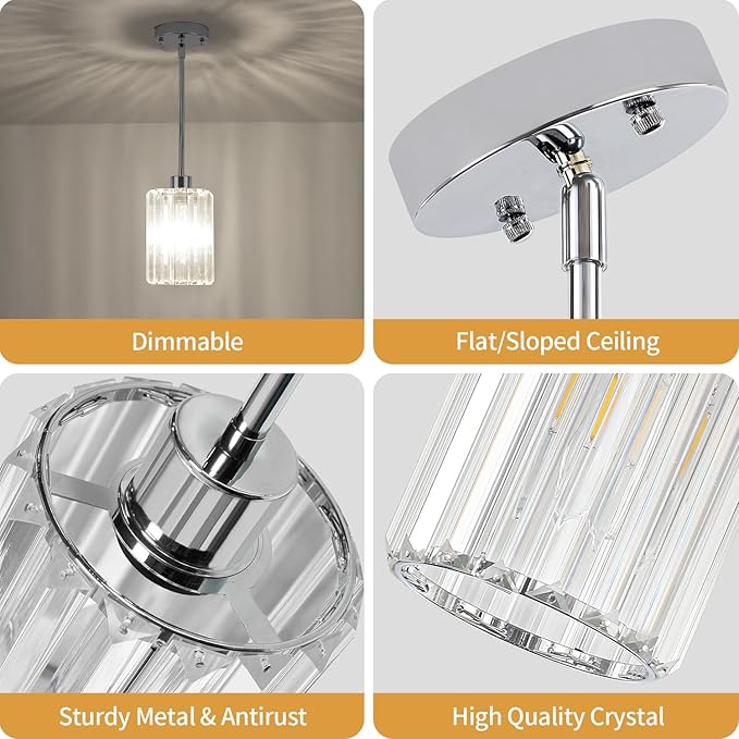 2 Pack Chrome Crystal Pendant Lights Kitchen Island, Modern Kitchen Pendant Lighting Over Island Dining Room Light Fixtures Adjustable Hanging Pendant Light for Bathroom Hallway Entryway Bedroom Foyer