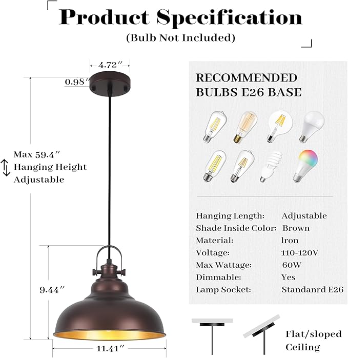 Bronze Pendant Lights Kitchen Island, 2 Pack Kitchen Island Lighting, Farmhouse Pendant Light Fixtures (11.41" W), Island Pendant Light for Kitchen Island, Dining Room, Bedroom