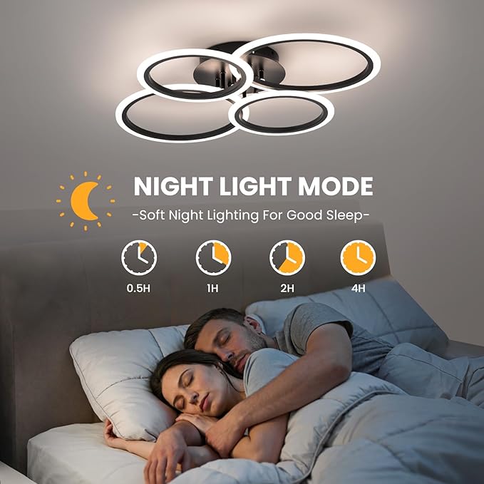 Black Modern Ceiling Light, 4 Rings Dimmable Flush Mount Ceiling Light with Remote, Acrylic Close to Ceiling Lighting Fixture for Dining Room Living Room Bedroom Kitchen (Black, 4 Heads)