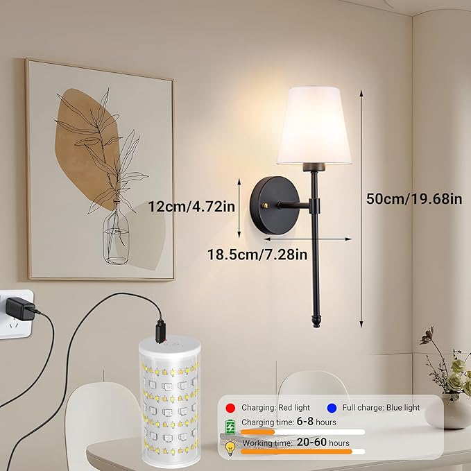 Battery Operated Wall Sconces Set Of 2, Wireless Battery Wall Light With 10000mAh RGB Rechargeable Magnetic Bulb, Rechargeable Wall Sconce With Remote Control For Bedroom, No Electrician Required