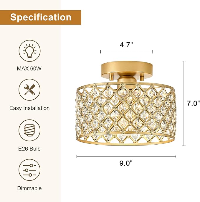 Gold Crystal Ceiling Light Fixture,Modern Semi Flush Mount Ceiling Lighting Fixture,Round Small Chandelier for Hallway, Entryway, Laundry Room, Kitchen, Bedroom, Foyer, Bathroom, 1 Light, 9 inch