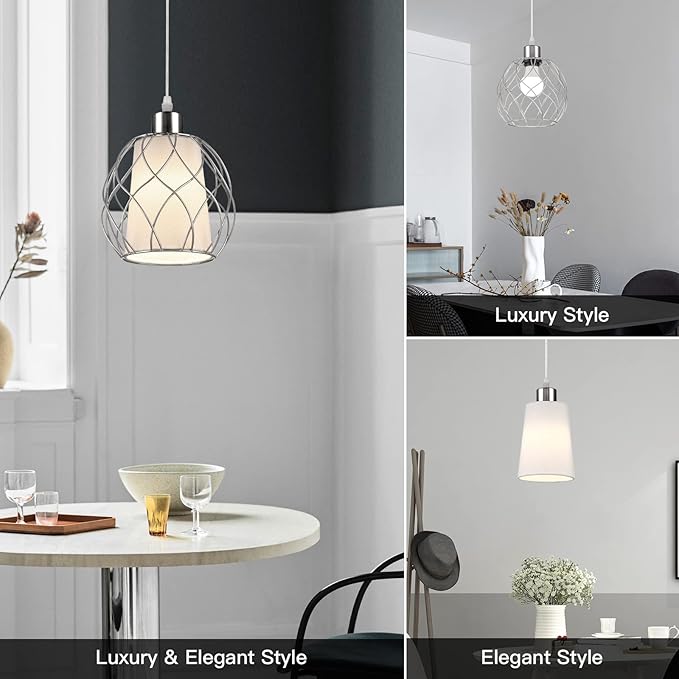 Ruzectt Plug in Pendant Light,Hanging Light with Plug in Cord,Silver Hanging Lamp with Dimmable Switch,15 ft Clear Cord,Hanging Light Fixture for Kitchen Island Living Room Bedroom (Bulb Included)