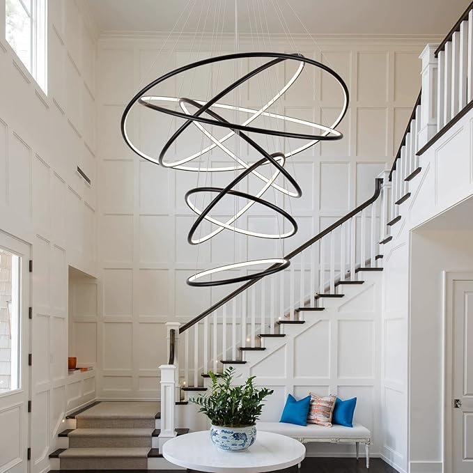 MADEM Modern LED Chandeliers 7 Rings Black Chandelier Contemporary Ceiling Pendant Light Fixture for Staircase Foyer High Ceiling Living Room, 3000K Warm White, 200W