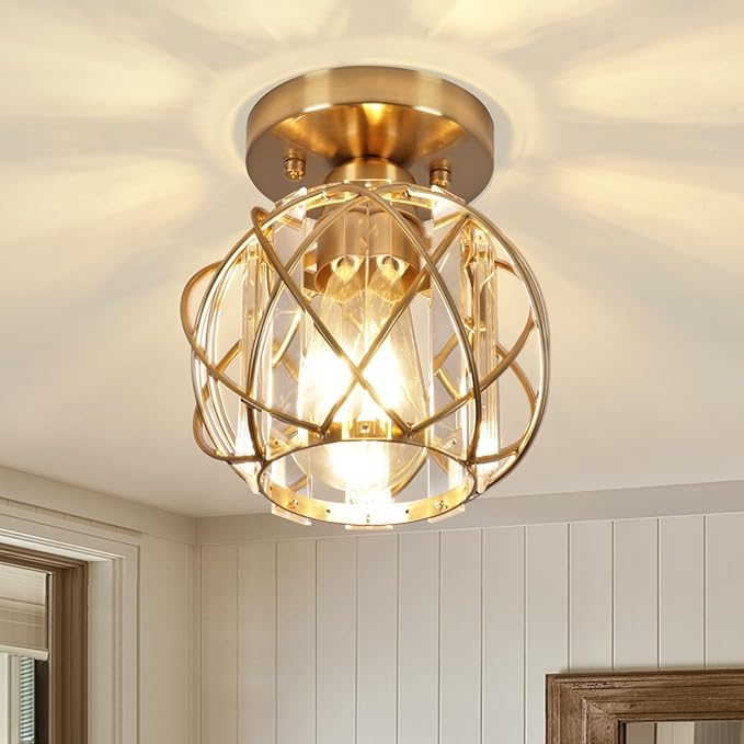 Hallway Light Fixtures Ceiling,Semi Flush Mount Ceiling Light Fixtures Gold Metal Cage Indoor Modern Ceiling Lights for Bedroom Room Hallway Bathroom Entryway Kitchen