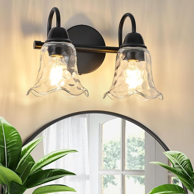 Bathroom Light Fixtures over Mirror, 2 Lights Vintage Wall Sconces with Hammered Glass Shade, 12.6" Matte Black Farmhouse Bathroom Wall Light Fixtures for Bedroom, Porch, Hotel, Mirror Cabinet