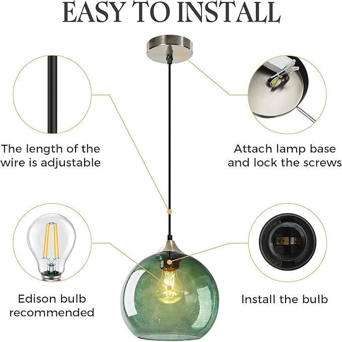 9.1in Large Green Glass Pendant Light for Kitchen Island, 3-Pack with Extra LED Bulbs & 4.92ft Adjustable Cord | Modern Minimalist Lighting for Dining Room, Living Room, Entryway