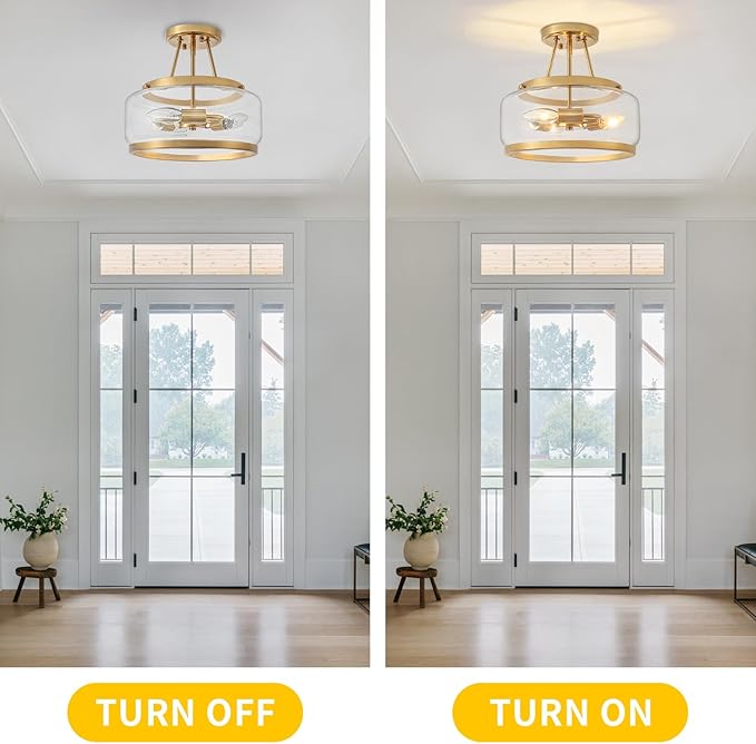 Brushed Gold Modern Ceiling Light Semi Flush Mount Hallway Lights Entryway Chandelier 3-Light Drum Glass Bathroom Ceiling Lighting Fixtures for Kitchen Foyer Bedroom Laundry Dining Room