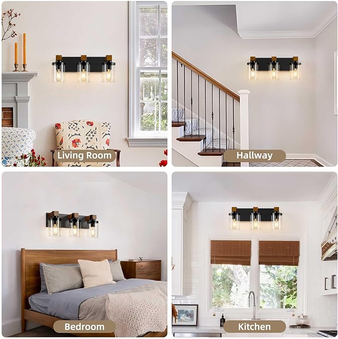 3-Light Farmhouse Bathroom Light Fixtures, Black Bathroom Vanity Light Fixtures Over Mirror, Rustic Sconces Wall Lighting with Clear Glass Shades for Living Room, Bedroom, Hallway