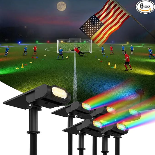 RGB Christmas Solar Spot Lights Outdoor, 12 RGB Color Modes Landscape Light Waterproof IP67 with Remote Control, 2-in-1 Color Changing RGB/Cool/Warm White for Yard Garden Garden (6 Pack)