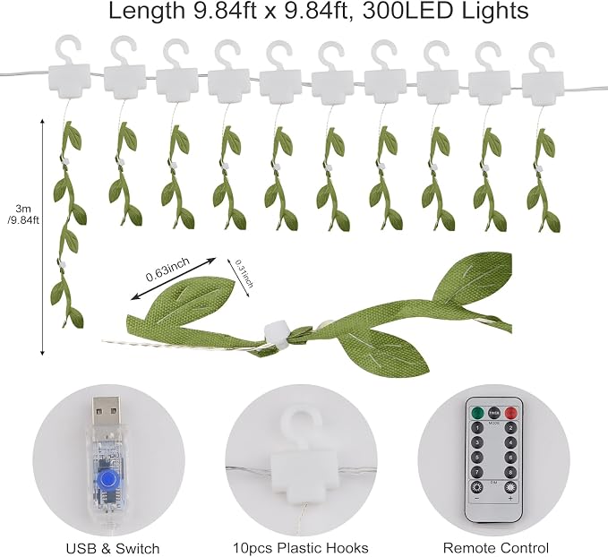 Vine with Fairy Lights USB Plug - 300 LED 9.8x9.8ft Hanging String Lights | Green Leaf, with Hook Remote, Greenery Garland Ivy Lights for Christmas Wedding Wall Ceiling Mantle Garden Decor DIY Crafts