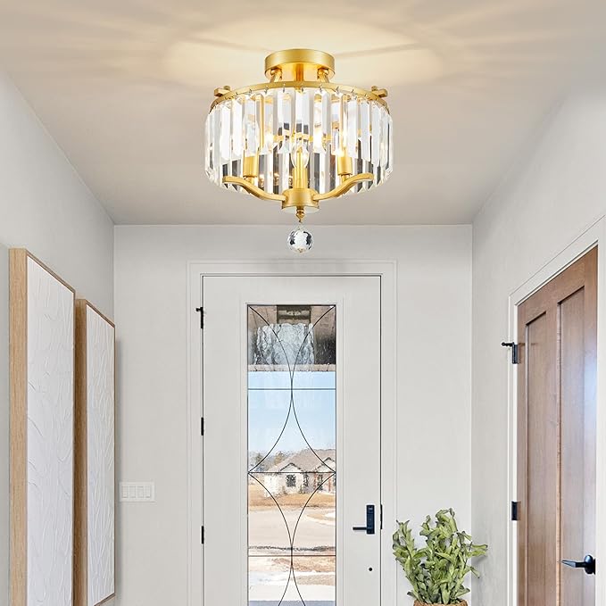 12.2'' Modern Gold Crystal Ceiling Light Fixture Farmhouse 3-Light Semi Flush Mount Drum Chandelier for Dining Room, Bedroom, Kitchen, Hallway, Entryway, Foyer, E12 - MJ055GD