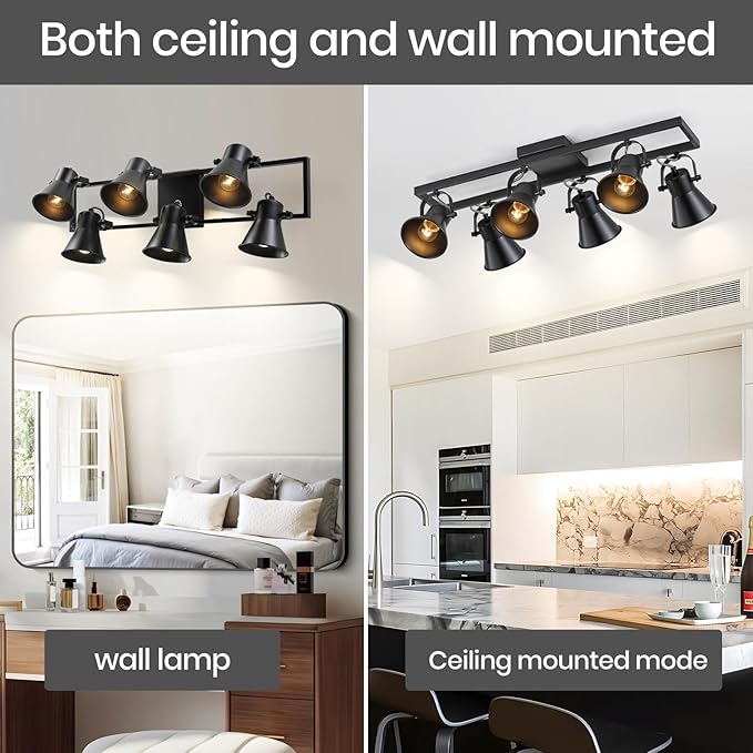 KEESFU Modern Kitchen Track Lighting Fixtures Ceiling,Black 6 Light Track Lighting with Rotatable Light Heads,Industrial Ceiling Spotlight for Kitchen Living Room Laundry Entrance.