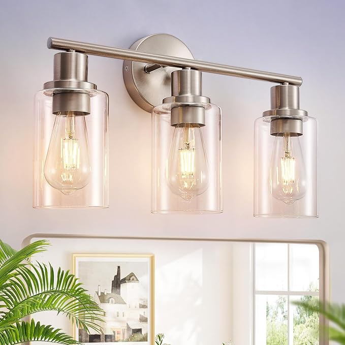 DLLT 3-Light Bathroom Light Fixtures: Nickel Modern Vanity Lights with E26 Bulbs - Clear Glass Shade Bathroom Wall Lamp for Mirror Kitchen Living Room Hallway Cabinet Porch