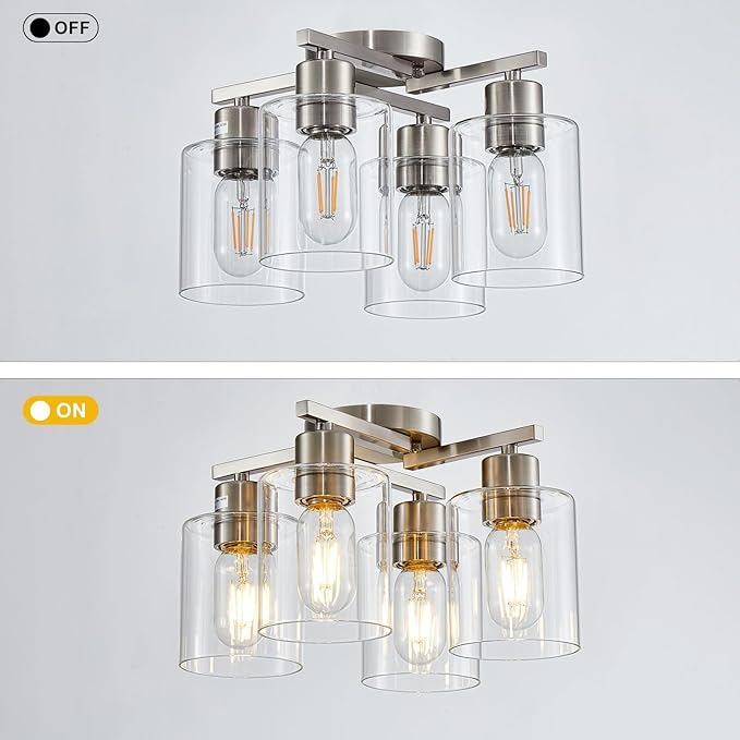 Semi Flush Mount Ceiling Light Kitchen Lighting Fixtures Ceiling Brushed Nickel Kitchen Cieling Light Fixtures with Clear Glass Shade for Dining Room Bedroom Living Room Hallway E26 Scoket