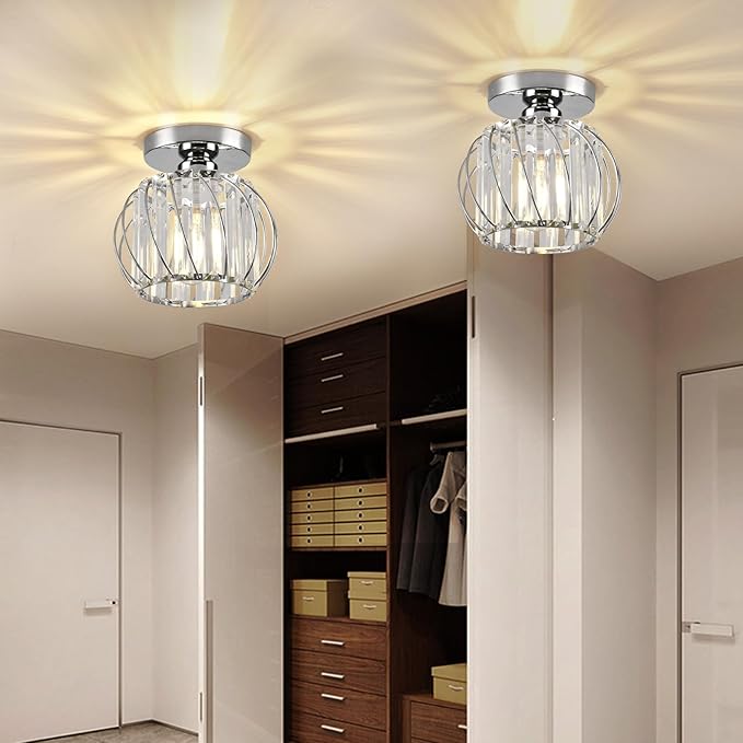 Crystal Semi Flush Mount Ceiling Light, Silver Crystal Chandelier for Kitchen, Hallway, Dining Rooms, Living Rooms, Bar, Farmhouse, 7.4 x 7.4 x 4.7 inches