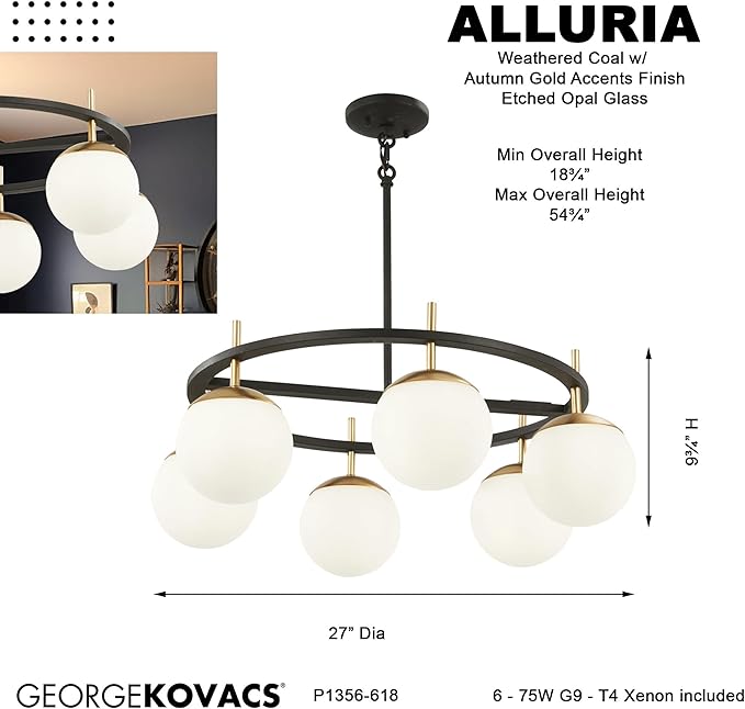 GEORGE KOVACS P1356-618 Alluria Pendant, 6-Light, 450 Total Watts, 9.75-in H x 27-in W, Weathered Black with Autumn Gold