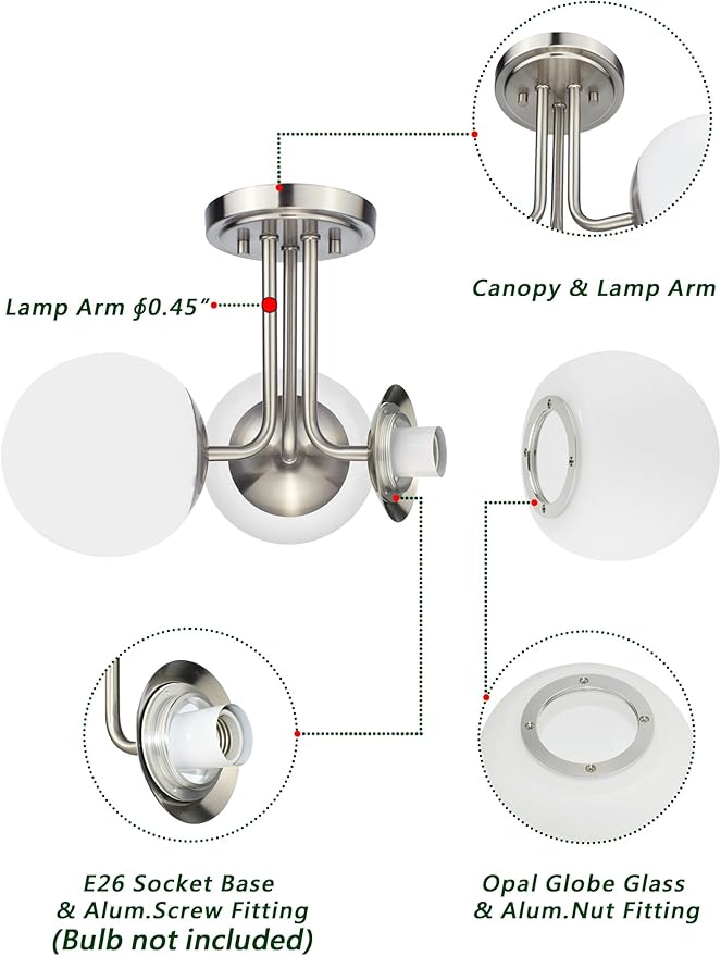 3 Light Semi Flush Mount Ceiling Light Fixture Brushed Nickel, Modern Globe Chandelier, Sputnik Farmhouse Lighting for Kitchen Bedroom Bathroom Living Room Corridor Laundry Room Bar …