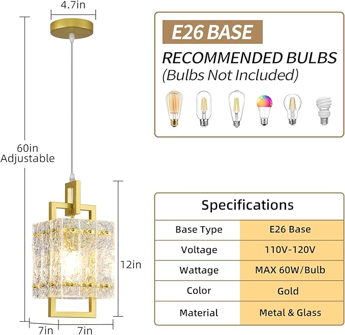 Gold Pendant Light Fixture - Modern Kitchen Island Water Ripple Glass Square Light - Adjustable Hanging Lighting for Kitchen Dining Room Over Island - 2 Pack
