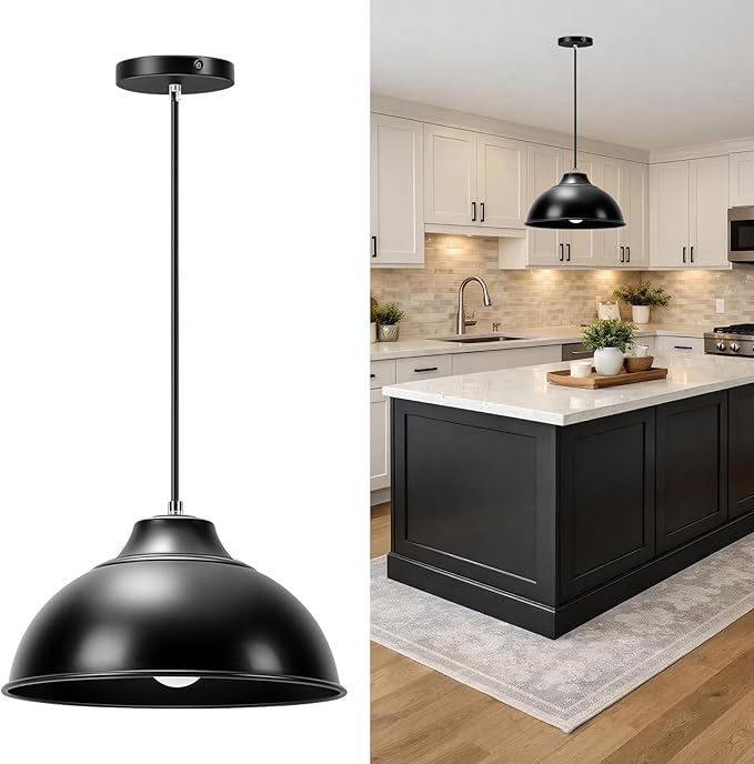 Balck Pendant Lights for Kitchen Island,Farmhouse Pendant Light Fixtures with Shade,Adjustable Height Hanging Lights for Bedroom Dining Room Entryways