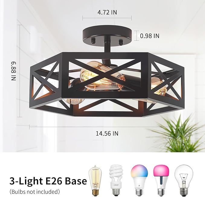 Semi Flush Mount Ceiling Light, Black 3-Light Fixtures Ceiling Mount with Hexagon Cage, Metal Industrial Close to Ceiling Light for Hallway, Kitchen, Bedroom (Black, 14.56''L)