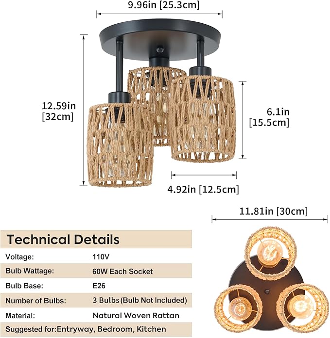 3-Lights Woven Rattan Ceiling Light Fixture,Farmhouse Hand-Woven Cage Semi Flush Mount Light, Boho Coastal Natural Basket Close to Ceiling Light for Bedroom Hallway Corridor Nursery