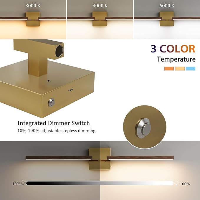 Rayogale Rechargeable Battery Operated Wall Sconce Set 2, 8000mAh Cordless, 3000K/4500K/6000K, Dimmable, Remote, Touch Control, 360° Rotation for Living Room Gold Walnut 2 Pack 24 Inch