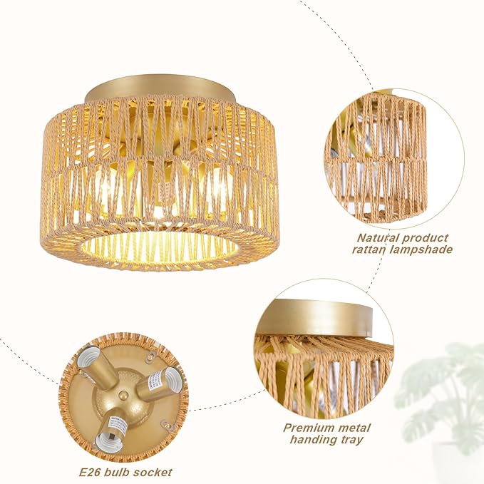 Boho 3-Light Farmhouse Rattan Ceiling Light, Gold Flush Mount with Hand-Woven Shade, Modern Chandelier for Living, Bedroom, Entryway, Kitchen Isalnd