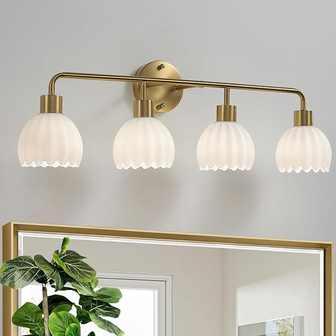 Brushed Gold 4-Light Vanlity Light Over Mirror,Wall Sconces,Gold Brass Bathroom Light Fixture with White Glass Flower Shade,E26(Bulbs Not Included)