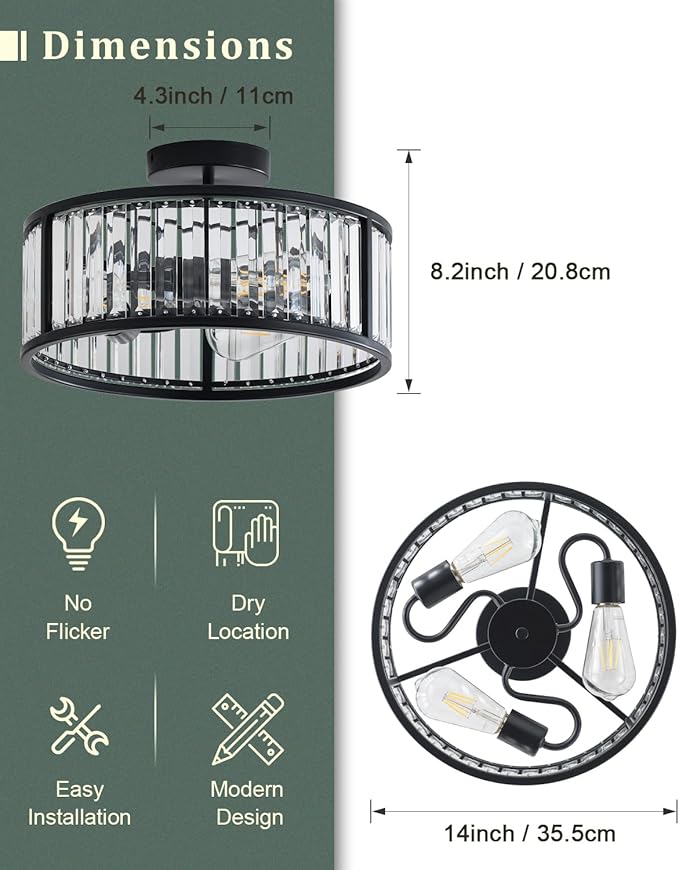 Black Flush Mount Ceiling Light, Caged Crystal Chandelier, Drum Hallway Light fixtures Ceiling Mount (14 INCH Black)