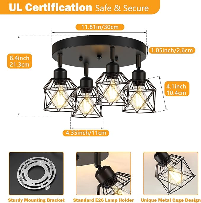 4-Light Kitchen Light Fixtures Ceiling Mount, Adjustable Multi-Directional Black Flush Mount Ceiling Light Fixture, Farmhouse Metal Cage Ceiling Lights for Dining Room Entryway Hallway