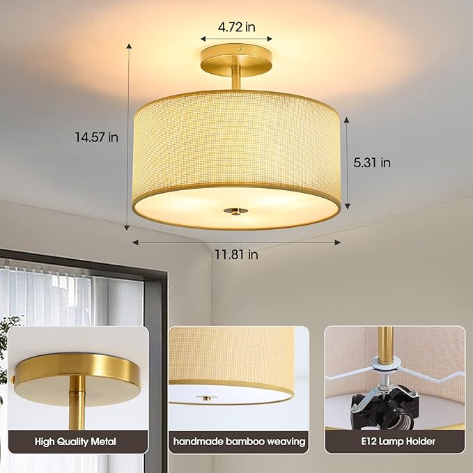 Fabric Semi Flush Mount Lighting Fixture, Modern Semi Chandeliers, Drum Farmhouse Ceiling Light, Beige Fabric Shade 3-Light for Kitchen Island Bedroom Hallway Foyer, E26, W12xH14
