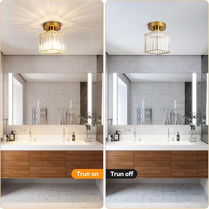 Crystal Ceiling Light Fixture, Modern Semi Flush Mount Ceiling Light with Remote Control, Cube Gold Flush Mount Chandelier for Entryway Kitchen Bedroom Living Room Entryway (Bulb Included)