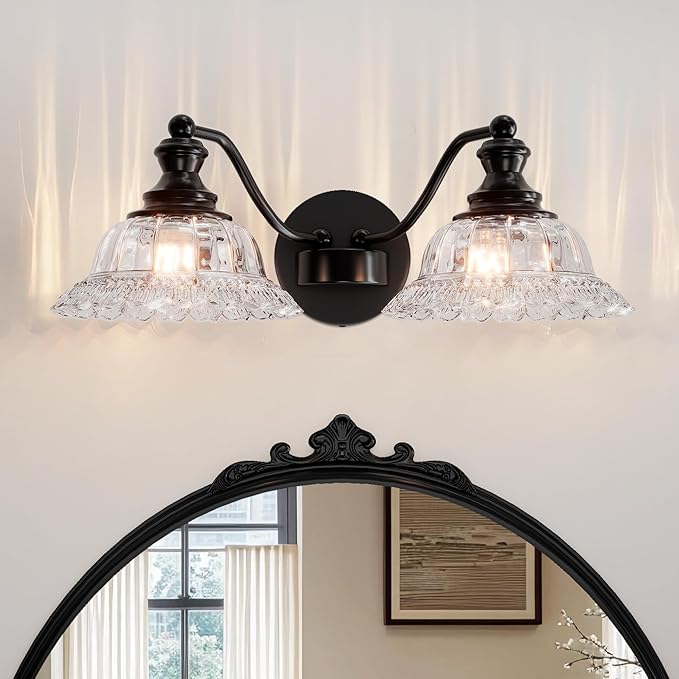 Espird 2 Lights Bathroom Vanity Light Fixtures, Vintage Black Vanity Lights for Bathroom, Farmhouse Antique Light Fixtures Over Mirror with Crystal Glass Shade