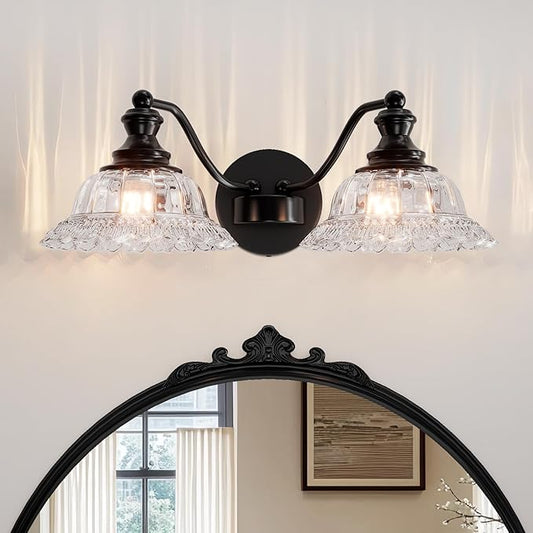 Espird 2 Lights Bathroom Vanity Light Fixtures, Vintage Black Vanity Lights for Bathroom, Farmhouse Antique Light Fixtures Over Mirror with Crystal Glass Shade