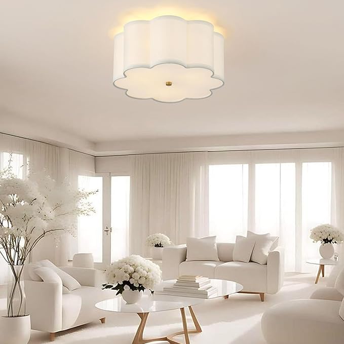 13.4"Semi Flush Mount Ceiling Light Fixture, 3-Light Modern Close to Ceiling Light With Fabric Flower-Shaped Shade, Light Fixtures Ceiling Mount for Bedroom Nursery Kids Room Living Room(Gold)
