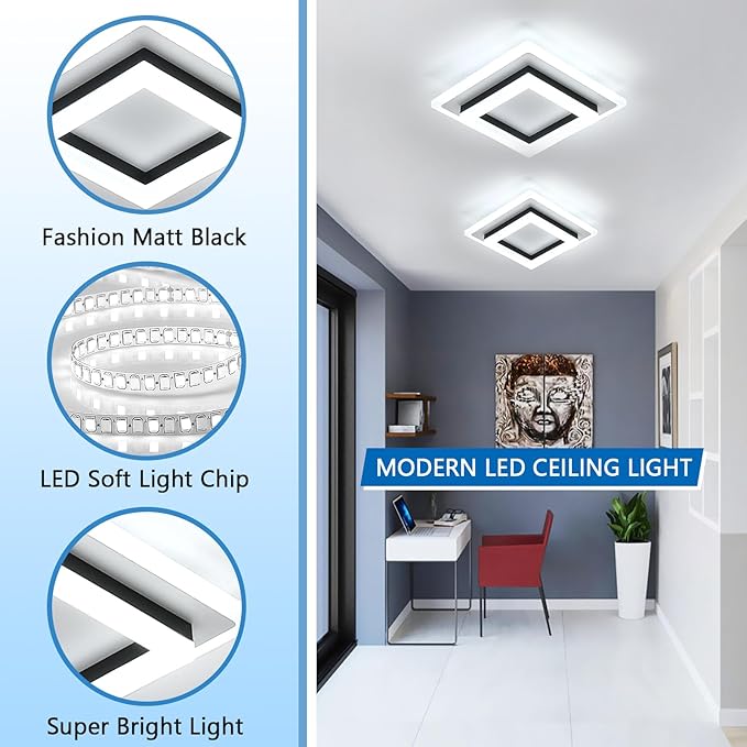 DELIPOP 2 Pack Modern LED Ceiling Light, 24W Black Flush Mount Ceiling Lamp Fixture, 6500K Cold White LED Hallway Light for Living Room Bedroom Entryway Bathroom Kitchen