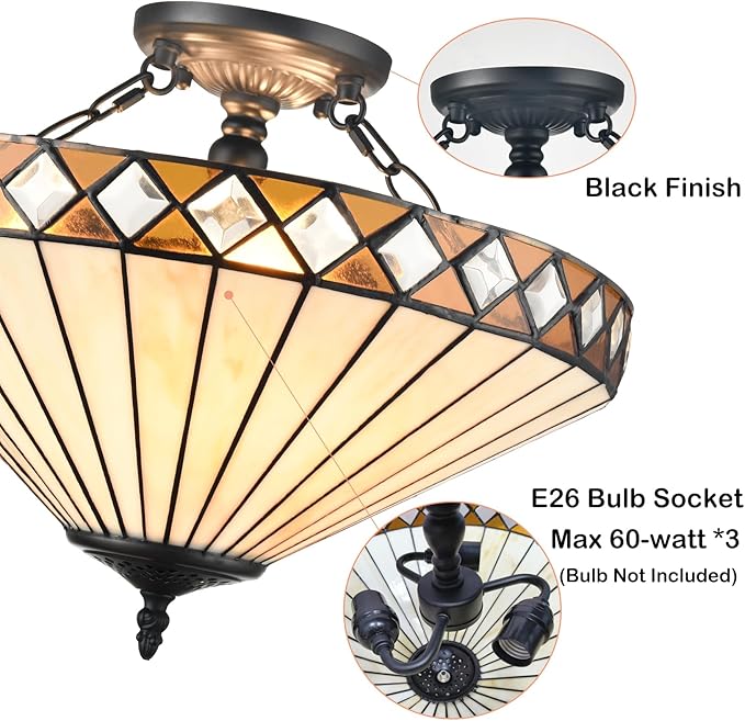 16.6-Inch Tiffany Style Semi Flush Mount Ceiling Light Vintage 3-Light Tiffany Ceiling Light Fixture Stained Glass Flush Mount Ceiling Light for Living Room Bedroom Hallway Staircase Foyer