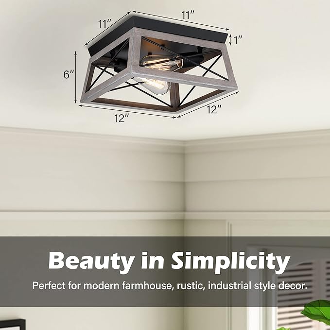 Pia Ricco Flush Mount Ceiling Light Fixture, Industrial Outdoor Ceiling Light for Front Porch, Rustic Farmhouse Style, Modern Square Light for Entry, Hallway, Kitchen, Grey