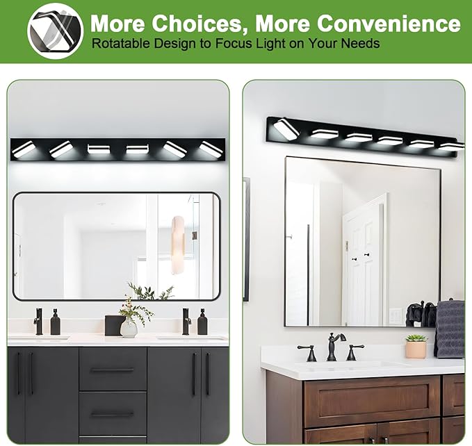 360° Rotate LED Bathroom Vanity Light Fixtures, 2500LM Acrylic Matte Black Vanity Lights for Bathroom, Modern Wall Lighting Fixtures Over Mirror Kitchen Living Room Hallway (Natural White Light 5000K)