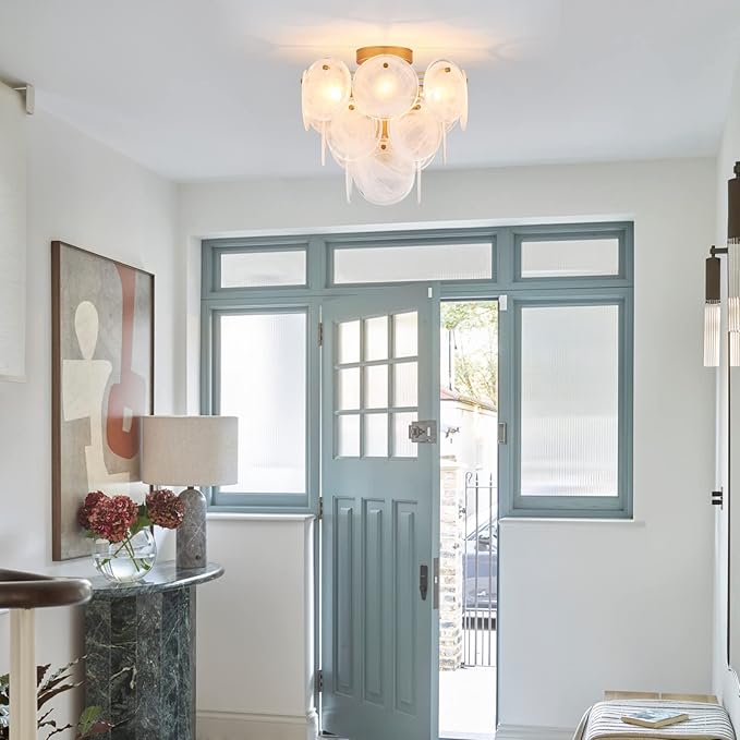 Modern Flush Mount Glass Ceiling Light, Gold Hallway Lights Vintage Chandelier, 4-Light Unique Light Fixture for Bedroom Entryway Loft Kitchen Laundry Bathroom Farmhouse