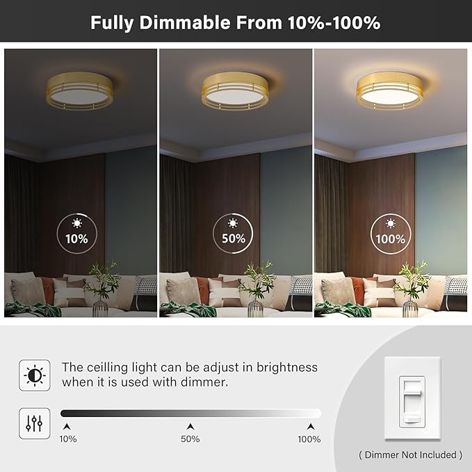 Gold Flush Mount Ceiling Light, Modern Dimmable LED Light Fixture, Minimalist Metal Ceiling Lamp for Bedroom Kitchen Laundry Room Hallway Entry 2700 K - 6000 K 5CCT 15.7 Inch