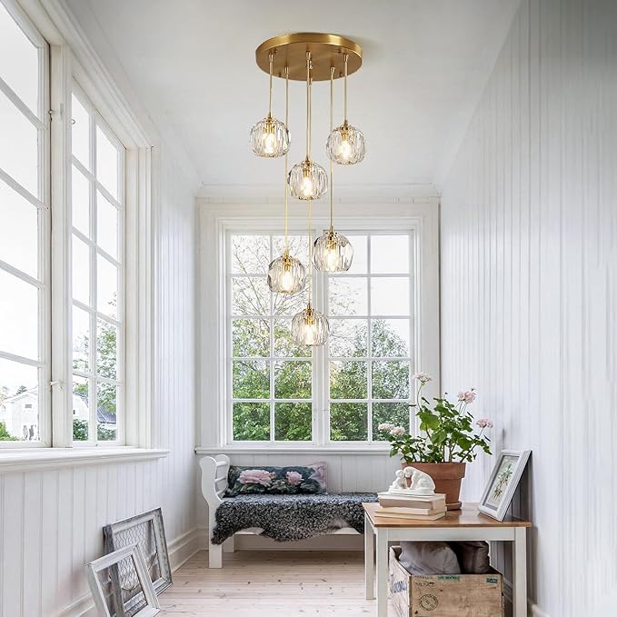 Modern 6 Lights Cluster Pendant Lighting Multi Light Gold Crystal Chandelier Pendant Light Mid Century Anti Brass Clear Glass Round Ceiling Hanging Light Fixture