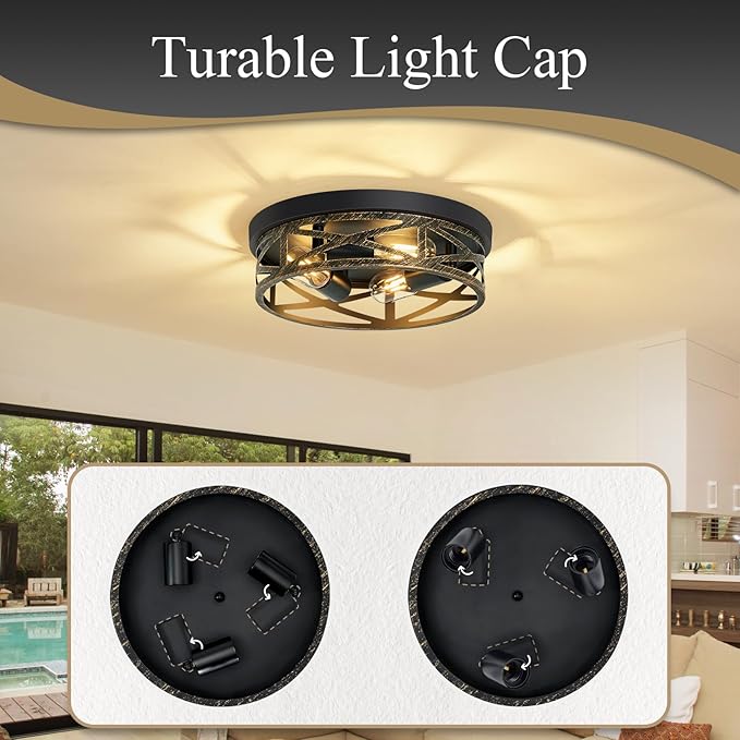 Flush Mount Ceiling Light Fixture,13 inch Rustic Metal Black 3-Light Hallway Light Fixtures Ceiling,Vintage Light Fixtures Ceiling Mount for Farmhouse,Kitchen,Hall (2 Pack)