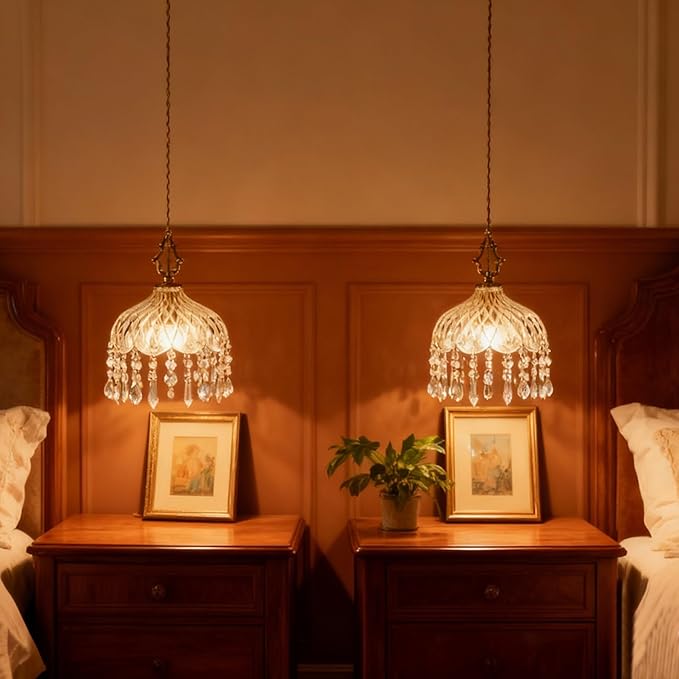 Vintage Crystal Small Pendant Lights Kitchen Island, Adjustable Cord Length 0.5" to 70", Dia7.87 Glass Shade Light Fixture,Brass Hanging Light, Chandelier for Bedroom (1-Pack，Hard-Wired