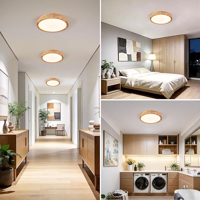 Modern LED Ceiling Light for Bedroom: Minimalist Wood Flush Mount Ceiling Light Fixture with Acrylic Lampshade - 4500K Not Dimmable Overhead Ceiling Lamps for Kitchen Hallway Living Room (11.8" Wood)