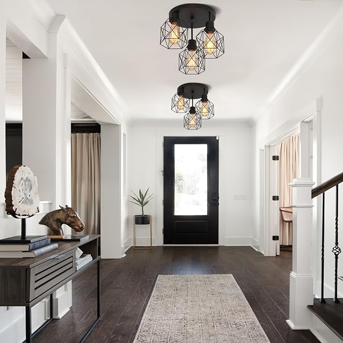 3 Lights Industrial Ceiling Light Fixtures,Iron Cage Ceiling Lamp Pendant Lighting,3-Light Close to Ceiling Light Fixtures, Modern Chandelier for Bedroom Entryway Kitchen Hallway
