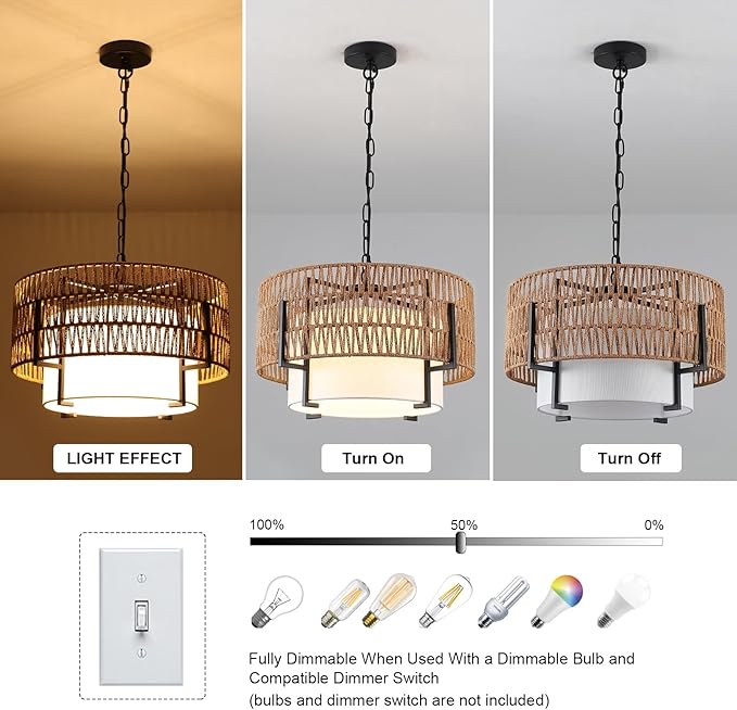 4-Light Boho Rattan Chandelier, 18" Rattan Pendant Light with Fabric Shade, Farmhouse Boho Hanging Chandelier for Dining Room, Living Room, Kitchen Island, Bedroom, Hallway, Foyer