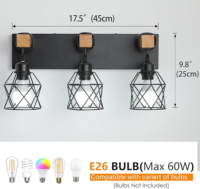 Farmhouse Vanity Light Fixture,3-Light Bathroom Lighting,Black Industrial Wood Wall Light Over Mirror with Metal Shade,Bulbs NOT Included