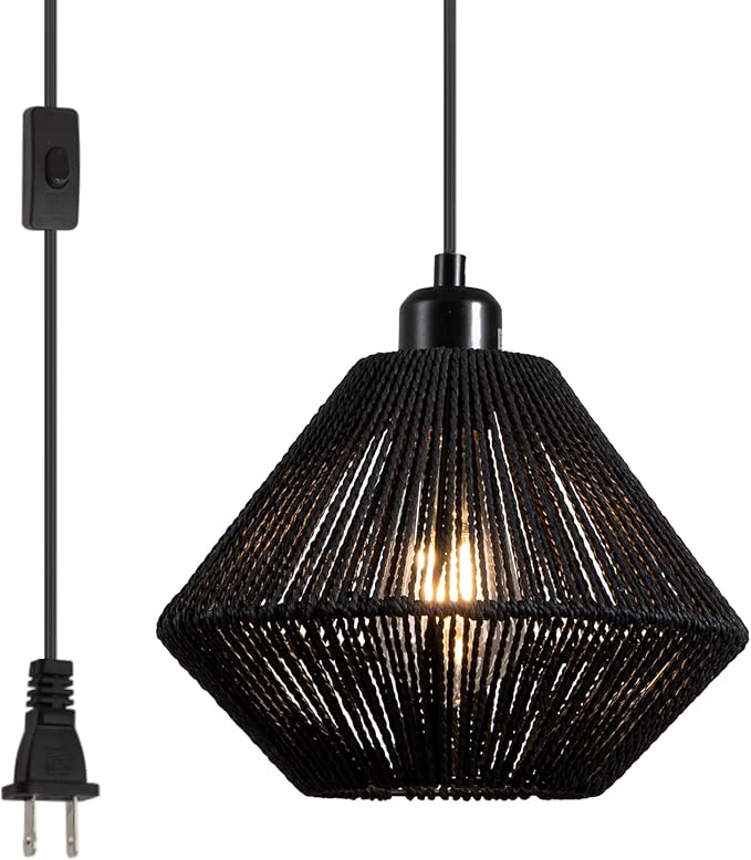 Black Woven Plug in Pendant Light Fixture, 9.65’’ Rustic Farmhouse Pendant Hanging Light with Plug in Cord & On/Off Switch for Kitchen Island Living Dining Room Bedroom Foyer
